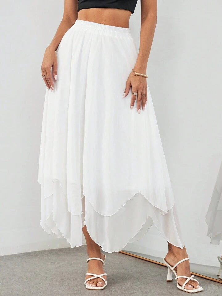 CM-BS793799 Women Trendy Bohemian Style Elastic Waist Solid Color Irregular Hem Midi Skirt