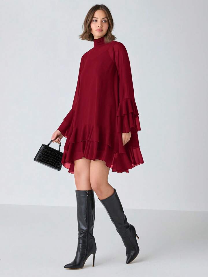CM-DS336996 Women Elegant Seoul Style Solid Stand Collar Long Sleeve High Waist A-Line Dress - Burgundy