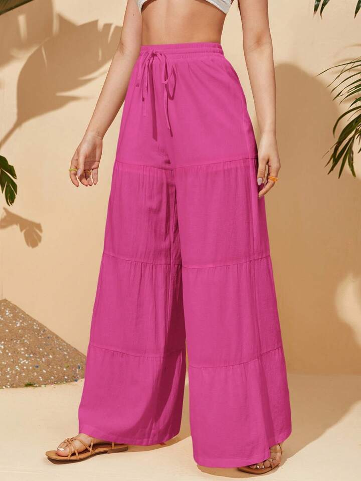 CM-BS338884 Women Trendy Bohemian Style High Waisted Knotted Wide Leg Pants - Hot Pink