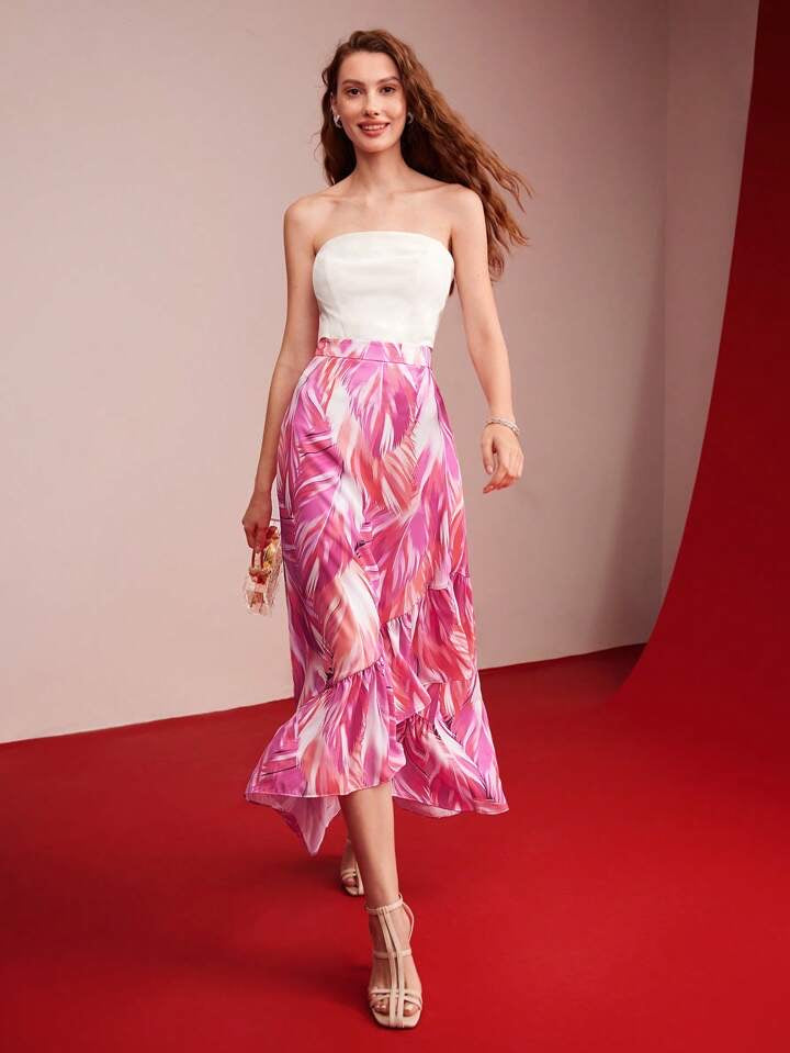 CM-BS335889 Elegant Seoul Style Premium Plant Printed Asymmetrical Ruffle Hem Skirt
