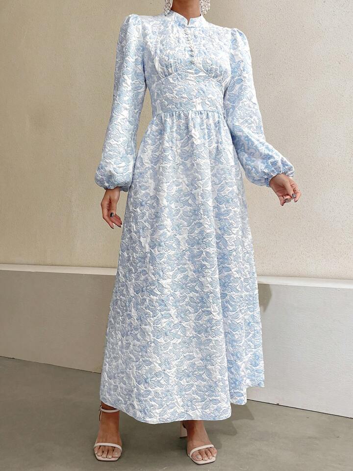 CM-DS096454 Women Casual Seoul Style Stand Collar Faux Pearl Decor Floral Jacquard Long Dress
