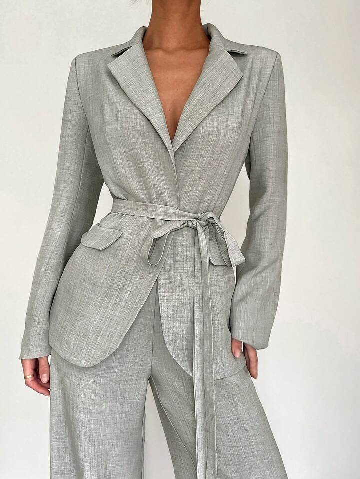 CM-SS205960 Women Elegant Seoul Style Loose Belted Long Sleeve Suit Jacket With Straight Trousers - Set