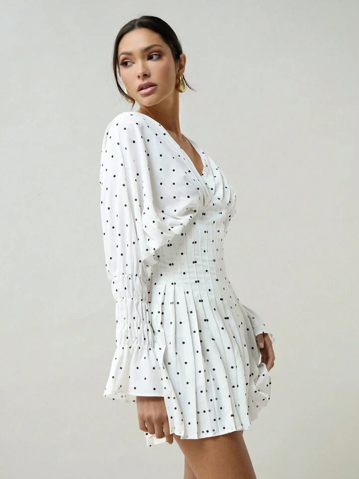 CM-DS010502 Women Elegant Seoul Style Polka Dot Printed Batwing Sleeve Pleated Waist Dress