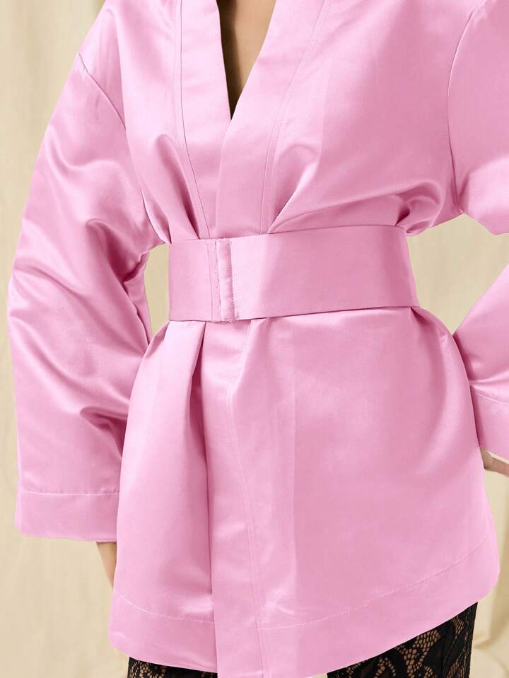 CM-DS784692 Women Elegant Seoul Style Solid Color Deep V-Neck Bell Sleeve Mini Dress - Pink