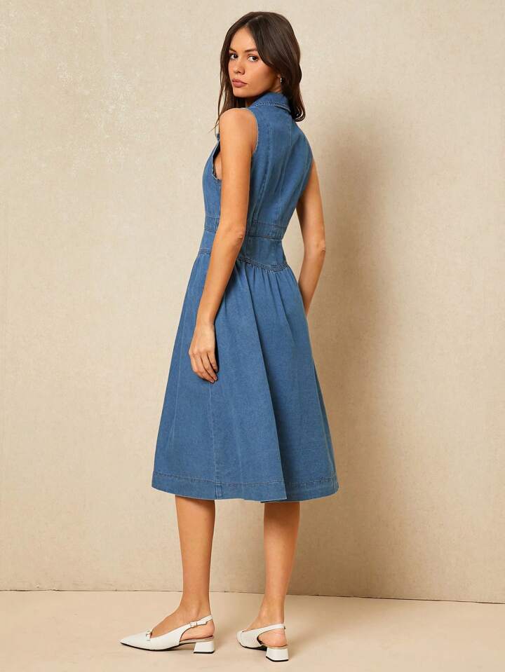 CM-DS474589 Women Casual Seoul Style Sleeveless Suit Collar Single-Breasted Denim Dress - Blue