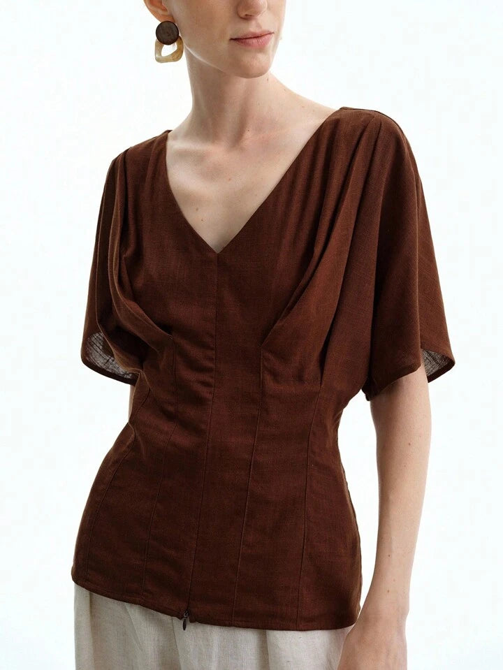 CM-TS441994 Women Casual Seoul Style Solid Color Linen V-Neck Gathered Fitted Raglan Sleeve Front Center Slit Blouse