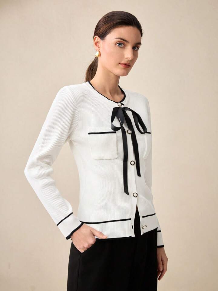 CM-CS945558 Women Casual Seoul Style White Bow Accent Contrast Collar Long Sleeve Cardigan