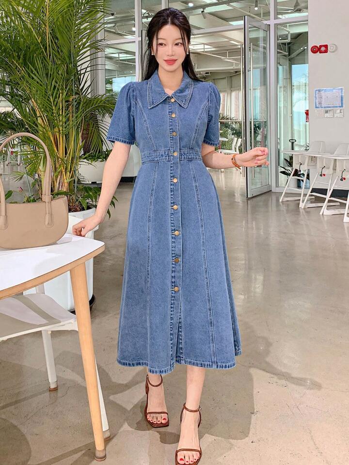 CM-DS280478 Women Casual Seoul Style Medium Wash Shirt Collar Riveted Puff Sleeve Denim Dress