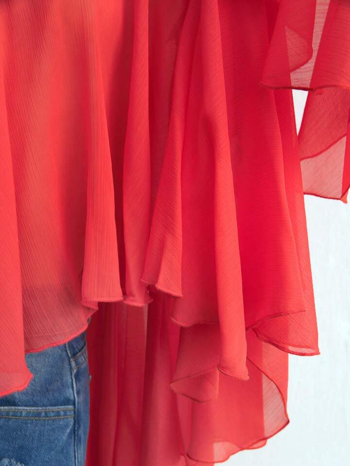 CM-TS115361 Women Trendy Bohemian Style Round Neck Long Sleeve Asymmetrical Mesh Shirt - Red