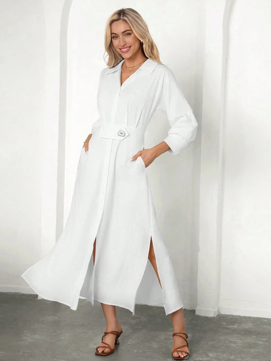 CM-DS504228 Women Casual Seoul Style Shirt Collar Rolled Up Sleeves Long Dress - White