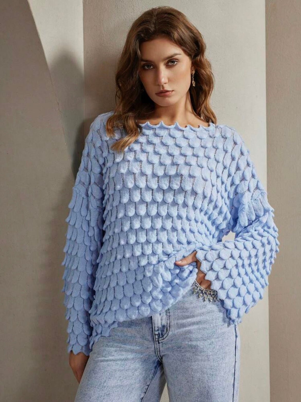 CM-CS494011 Women Casual Seoul Style Solid Color Textured Drop Shoulder Loose Knit Sweater