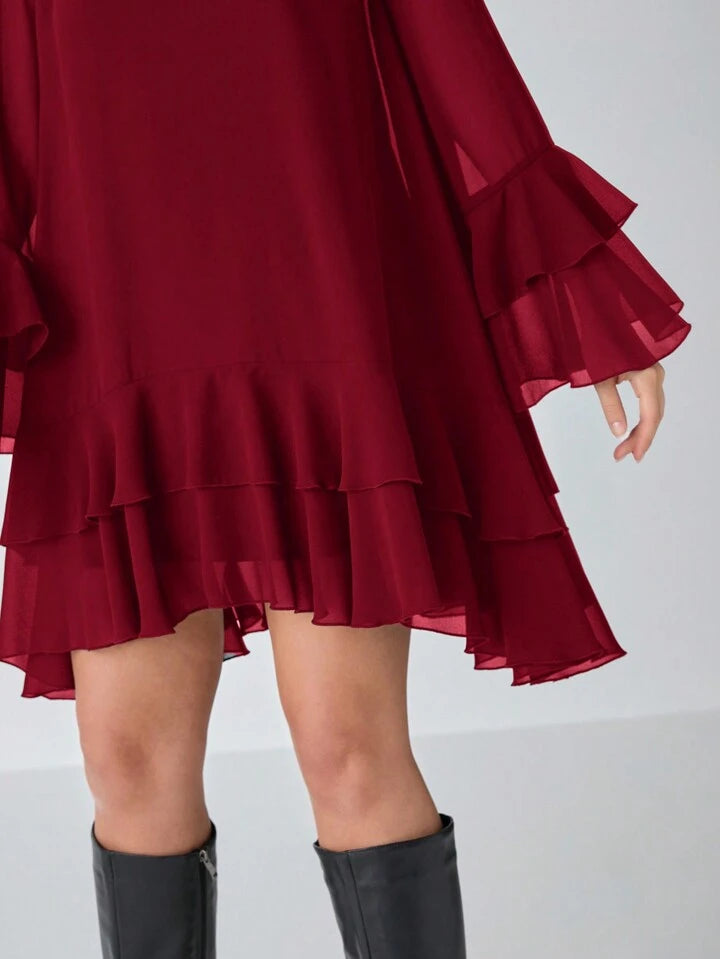 CM-DS336996 Women Elegant Seoul Style Solid Stand Collar Long Sleeve High Waist A-Line Dress - Burgundy