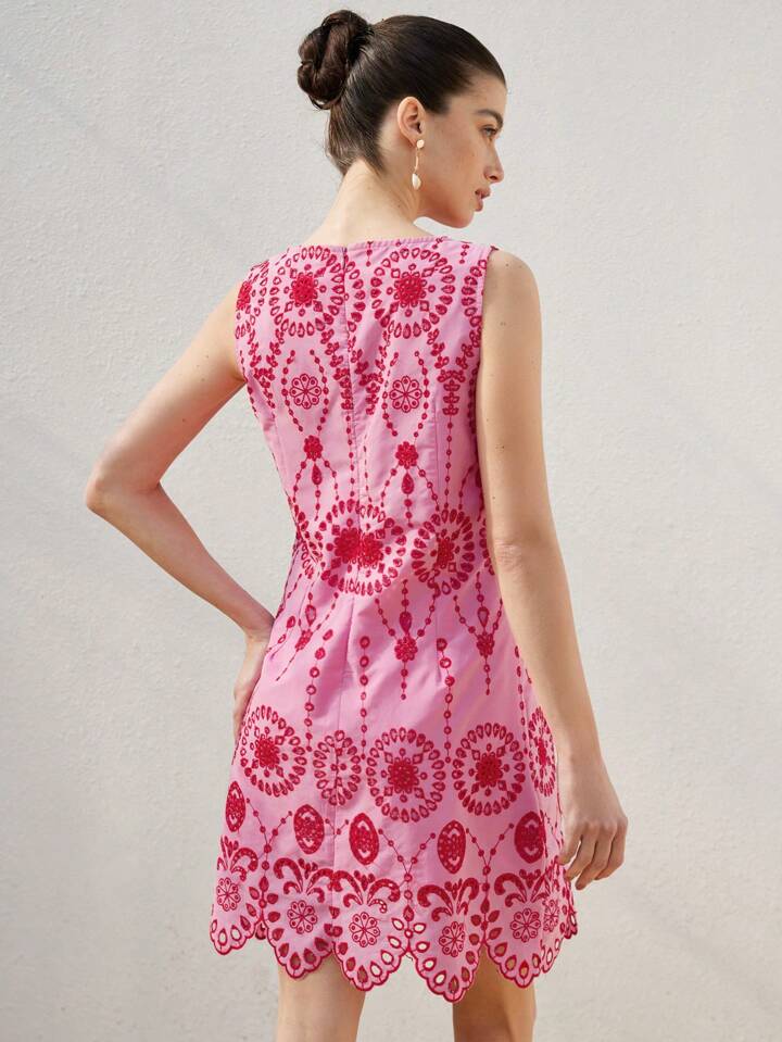 CM-DS519153 Women Trendy Bohemian Style Color-Block Hollow Out Embroidery Scalloped Hem Fitted Dress