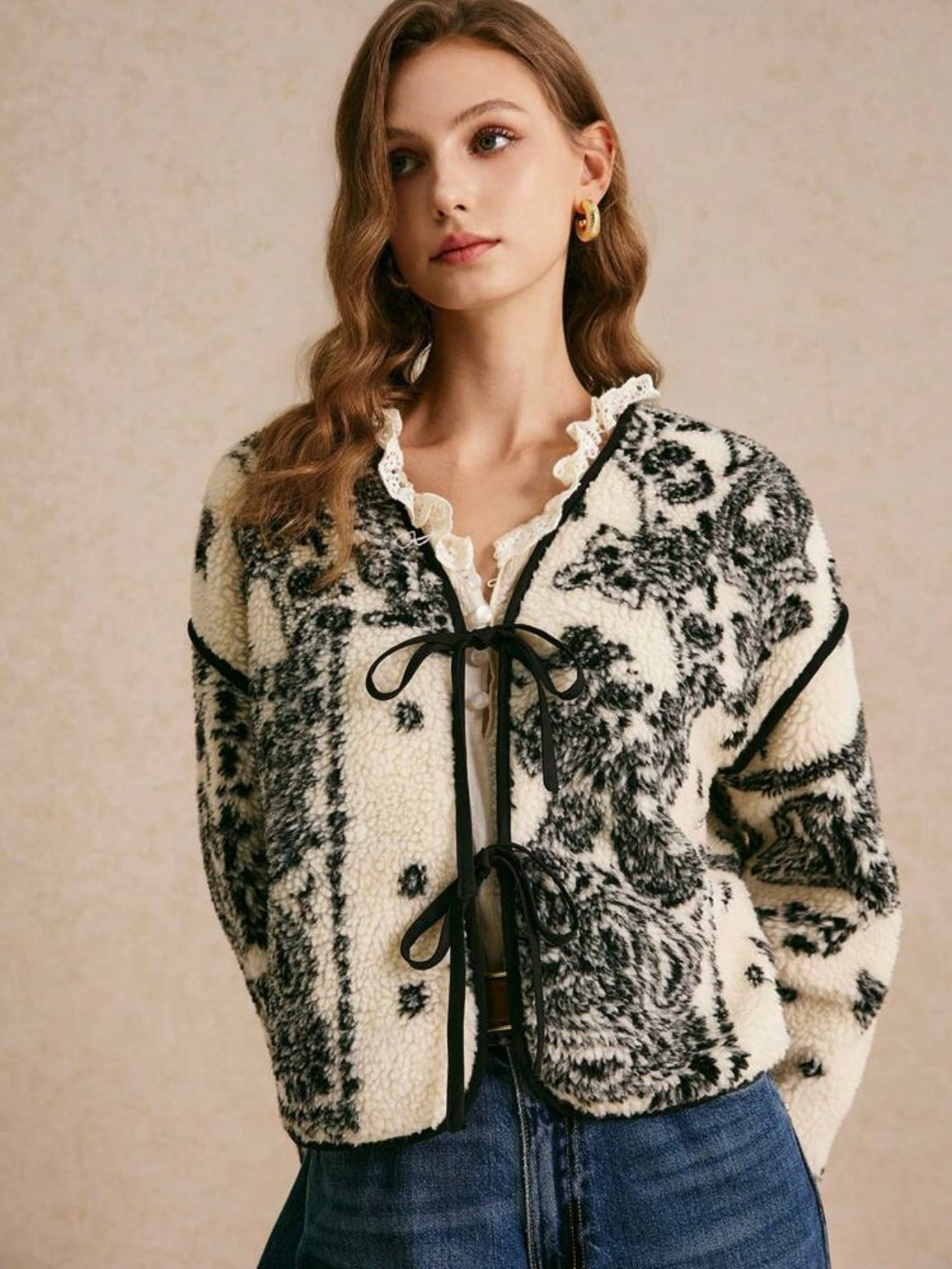 CM-CS143588 Women Casual Seoul Style Contrast Lace-Up Long Sleeve Printed Jacket