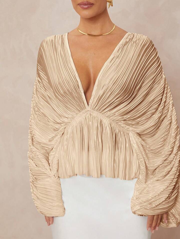 CM-TS261324 Women Elegant Seoul Style Deep V-Neck Long Sleeve Loose Fit Ruffled Hem  Oversized Blouse - Khaki