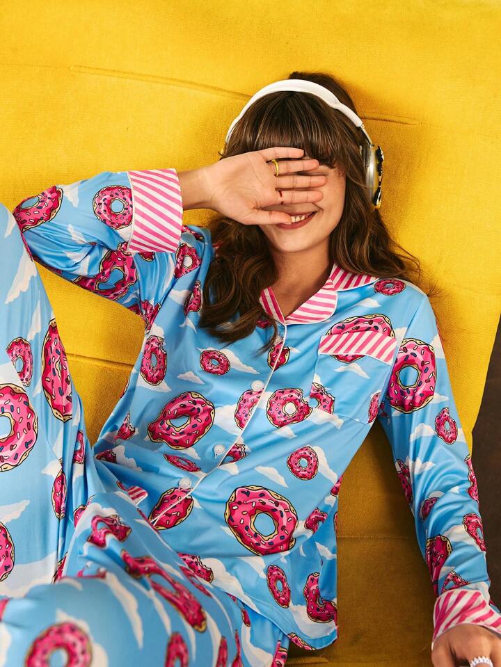 CM-LS010075 Women Trendy Seoul Style Donut And Cloud Print Patchwork Stripe Pajama Set