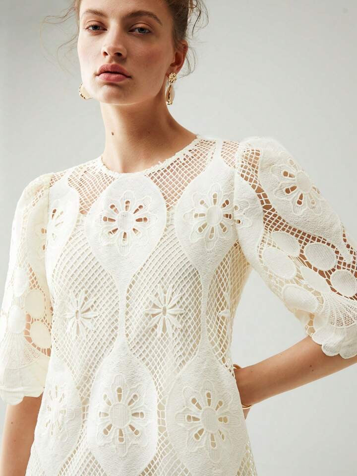 CM-DS811995 Women Elegant Seoul Style Round Neck Half Sleeve Lace Overlay Dress - Apricot
