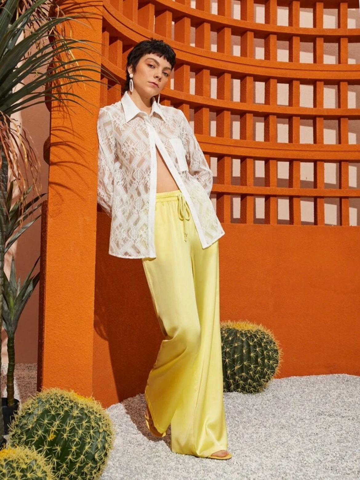 CM-BS349899 Women Trendy Bohemian Style Drawstring Waist Slant Pocket Satin Pants - Yellow