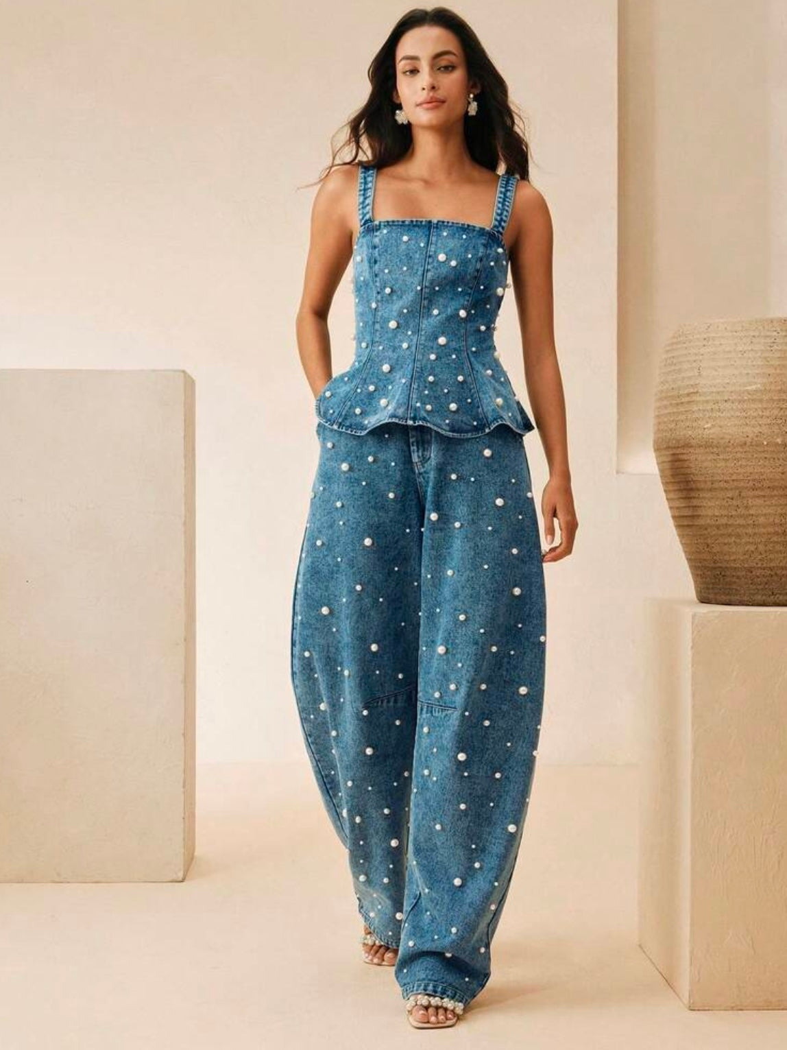 CM-SS900958 Women Elegant Seoul Style Pearl Beaded Ruffle Denim Camisole Top With High-Waisted Curved Jeans - Set