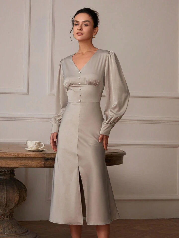 CM-DS307088 Women Elegant Seoul Style Solid Color V-Neck Long Sleeve Front Slit Dress - Dusty Purple