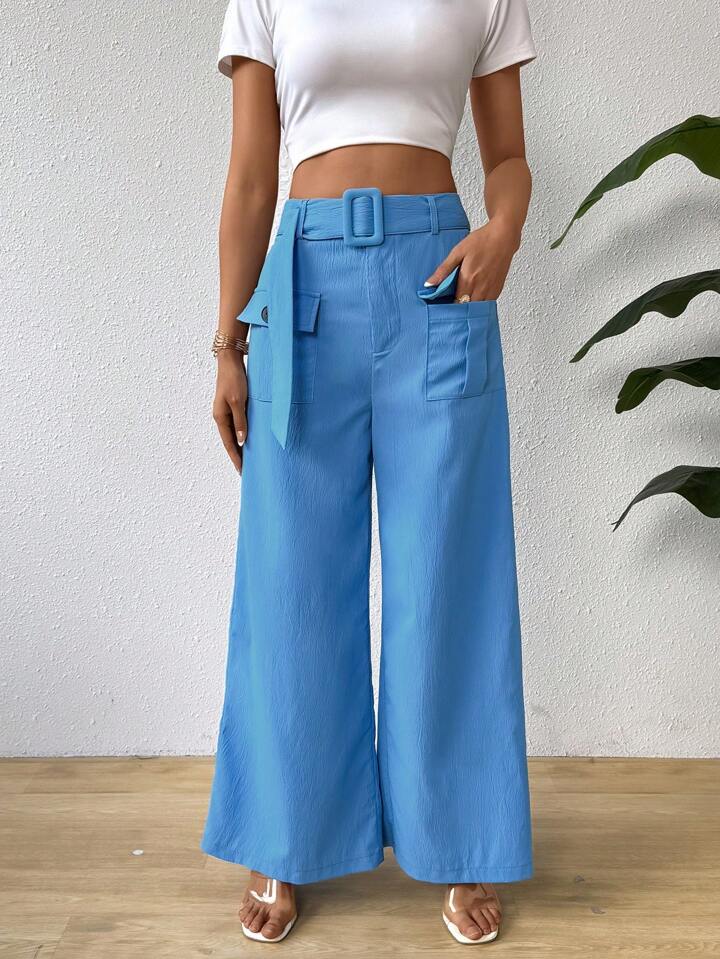 CM-BS942134 Women Casual Seoul Style Flap Pocket Buckle Belted Wide Leg Pants - Blue
