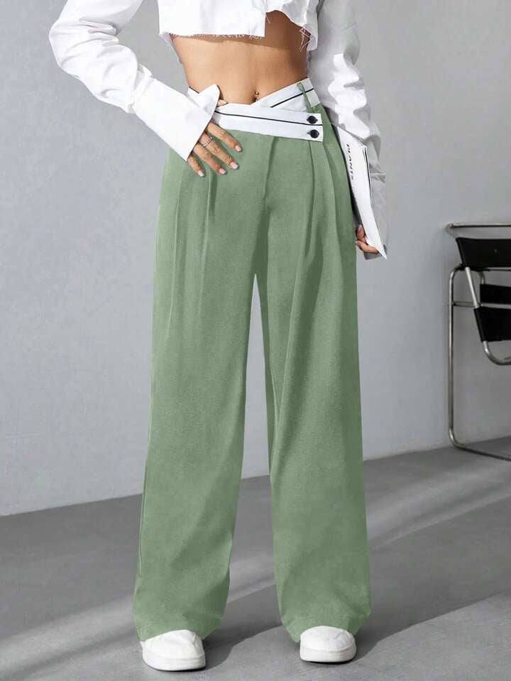 CM-BS115964 Women Casual Seoul Style Asymmetrical High Waist Straight Leg Pants - Green