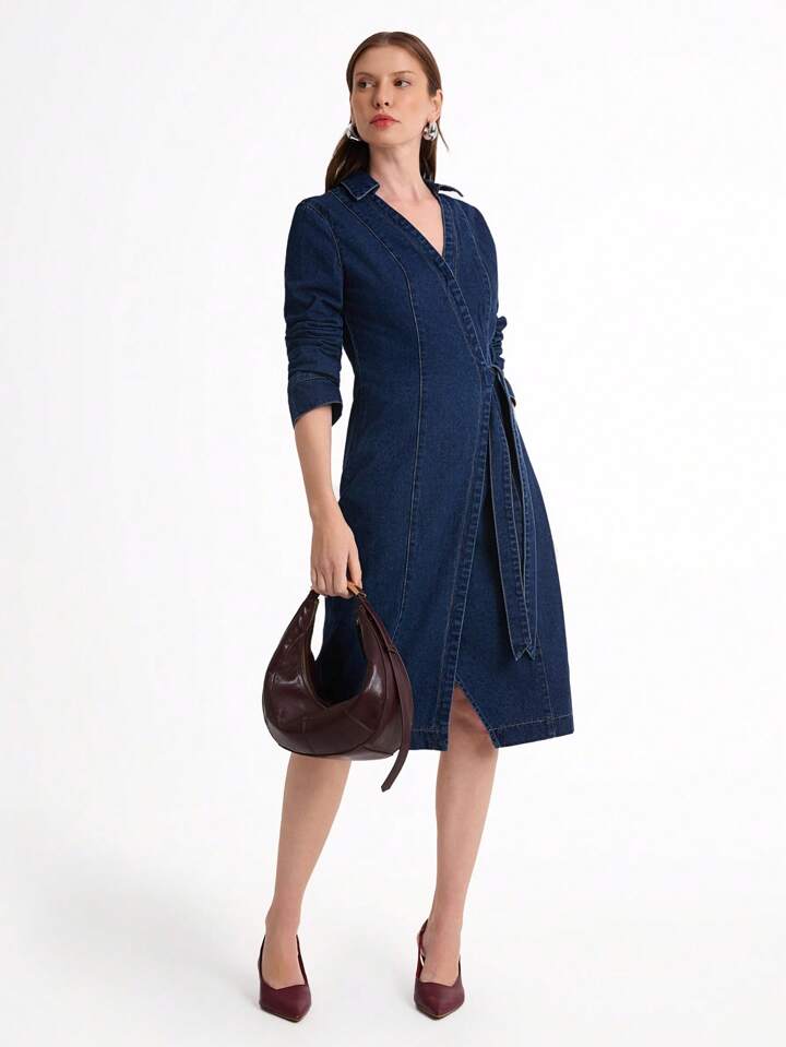 CM-DS041418 Women Elegant Seoul Style Dark Wash Colar Neckline Long Sleeve Asymmetrical Denim Dress