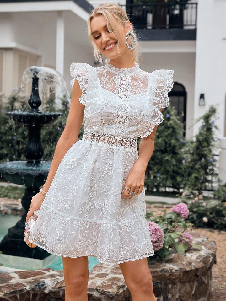 CM-DS666767 Women Elegant Seoul Style Solid Color Short Woven Embroidered Mesh Dress - White