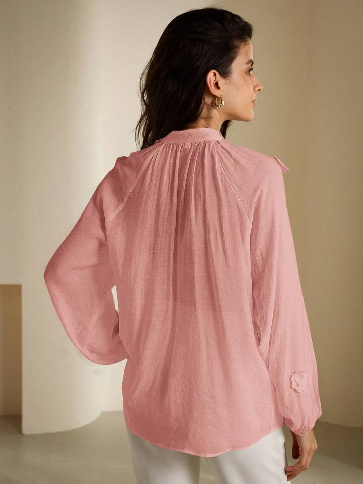 CM-TS319089 Women Elegant Seoul Style V-Neck Tie-Waist 3D Floral See-Through Blouse - Pink