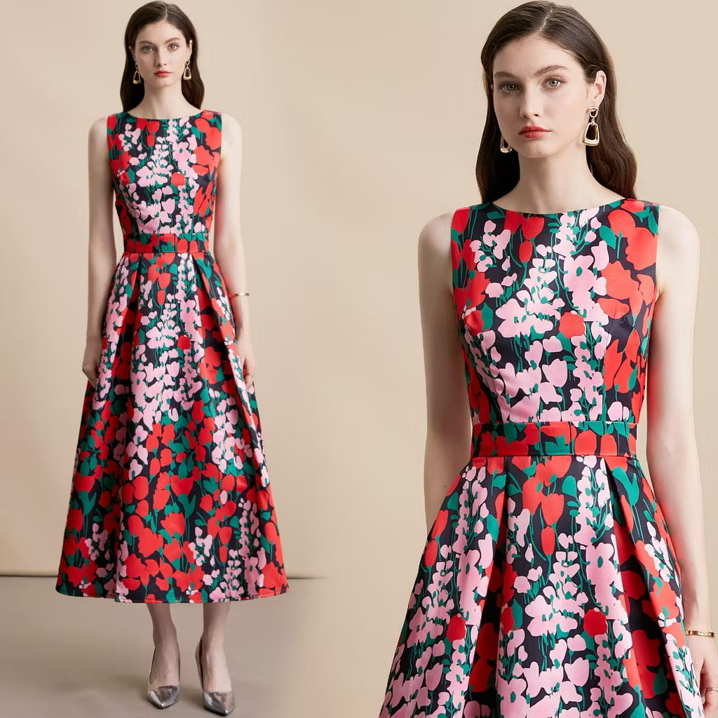 CM-DY054159 Women Elegant European Style Round Neck Sleeveless Pinched Waist A-Line Midi Dress