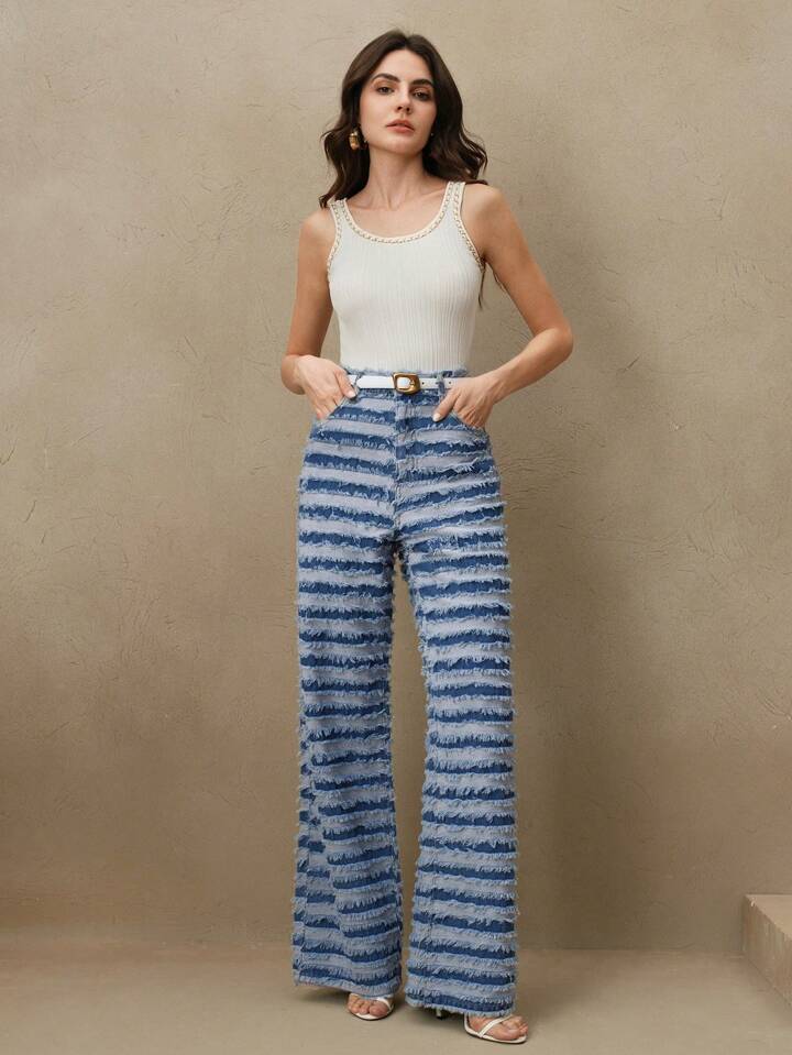 CM-BS619897 Women Casual Seoul Style Striped Textured Frayed Hem Contrast Color Flare Pants - Blue