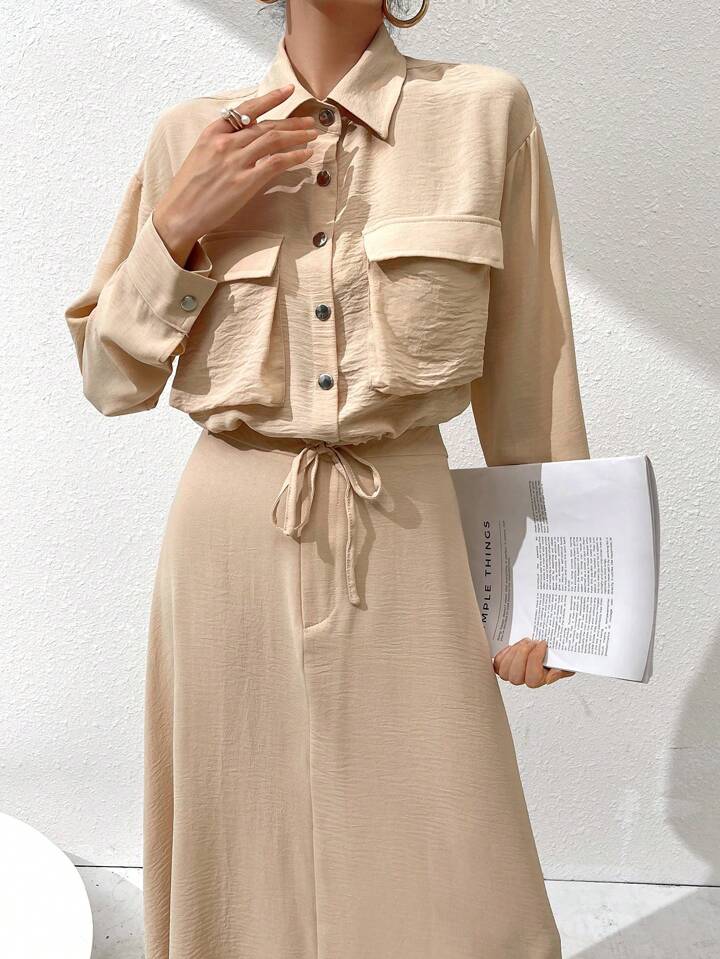 CM-SS075247 Women Casual Seoul Style Minimal Collared Long Sleeve Top With A-Line Maxi Skirt - Set