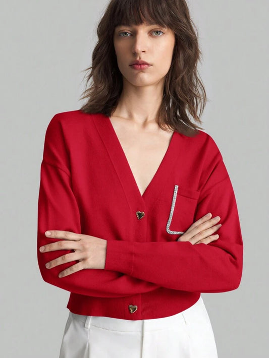 CM-CS174676 Women Casual Seoul Style Heart Shaped Button Front Cardigan - Red