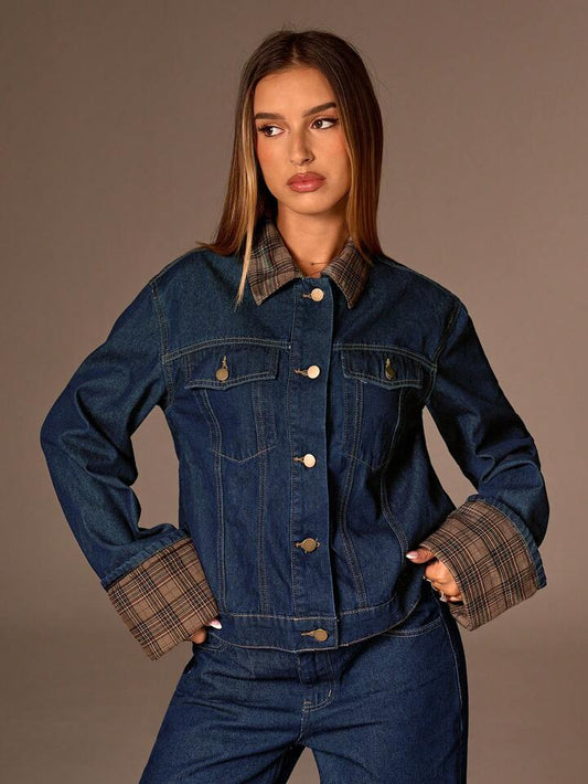 CM-CS199554 Women Elegant Seoul Style Dark Wash Collar Neckline Single Breatsed Long Sleeve Denim Jacket