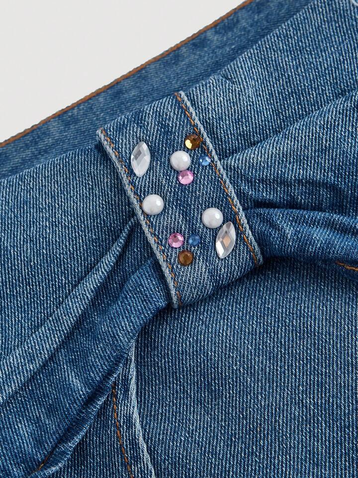 CM-BS157443 Women Casual Seoul Style Rhinestone Accent Washed Loose Wide-Leg Jeans - Blue