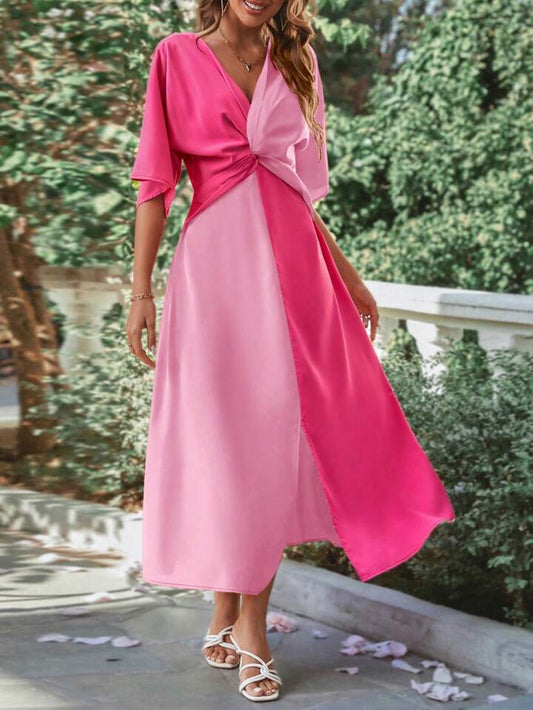 CM-DS256496 Women Casual Seoul Style V-Neck Twist Front Batwing Sleeve High Slit Maxi Dress