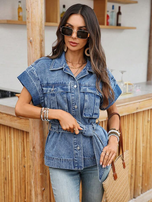 CM-CS427894 Women Casual Seoul Style Medium Wash Collar Neckline Short Sleeve Denim Jacket