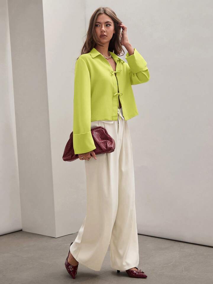 CM-TS814811 Women Trendy Bohemian Style Shirt Collar Front Tie Long Sleeve Shirt - Green