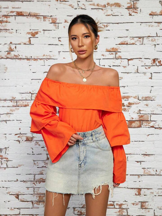 CM-TS152815 Women Trendy Bohemian Style Off Shoulder Ruffle Sleeve Blouse - Orange