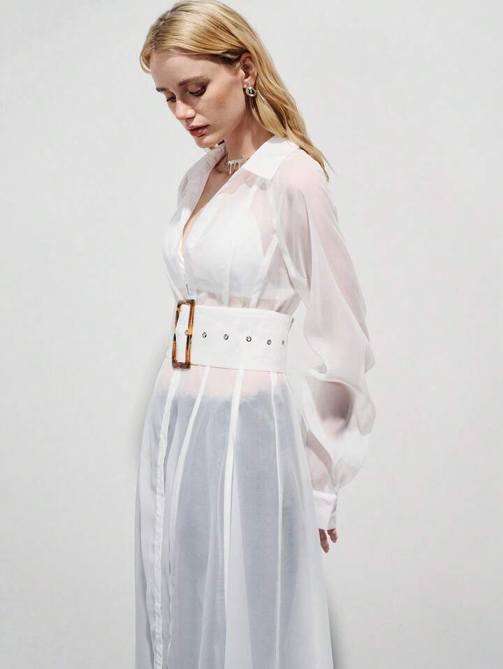 CM-DS108757 Women Elegant Seoul Style Collar Chiffon Sleeve Wide Waistband Buckle Flowing Sheer Shirt Dress