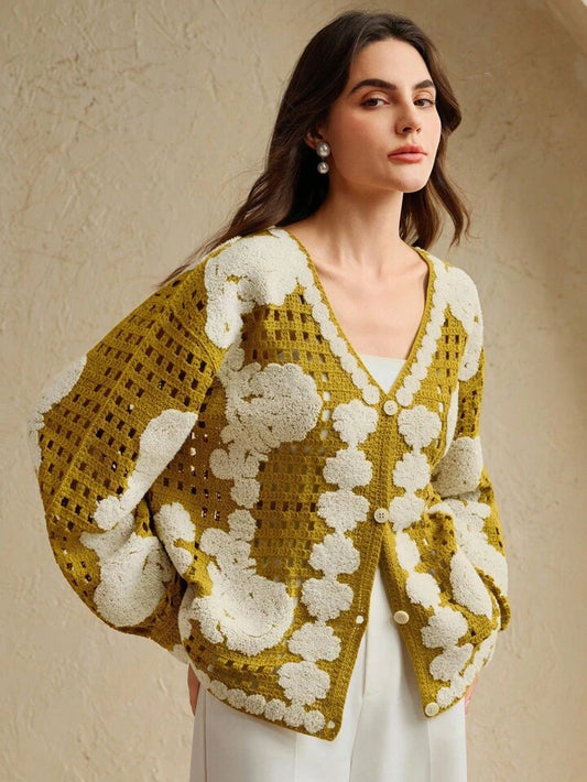 CM-CS148566 Women Elegant Seoul Style Floral Pattern Long Sleeve Single-Breasted Hollow Out Knitted Cardigan