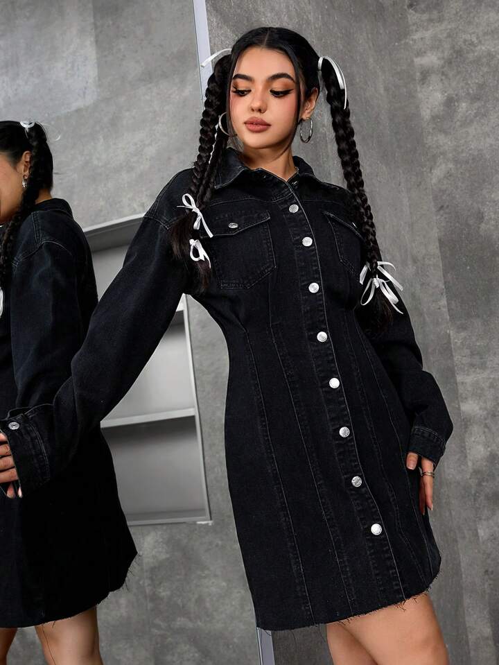 CM-DS623314 Women Casual Seoul Style Front Button Long Sleeve Pocket Short Denim Dress - Black