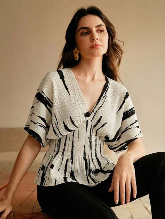 CM-TS534596 Women Elegant Seoul Style V-Neck Short Sleeve Ink Print Shirred Waist Blouse - Apricot