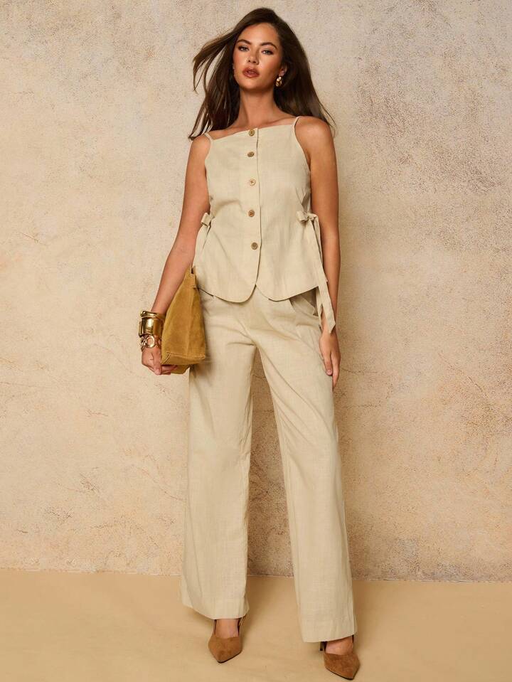 CM-SS765202 Women Casual Seoul Style Solid Color Wooden Button Camisole With Trousers Lounge - Sets