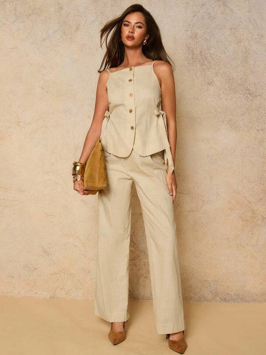 CM-SS765202 Women Casual Seoul Style Solid Color Wooden Button Camisole With Trousers Lounge - Sets