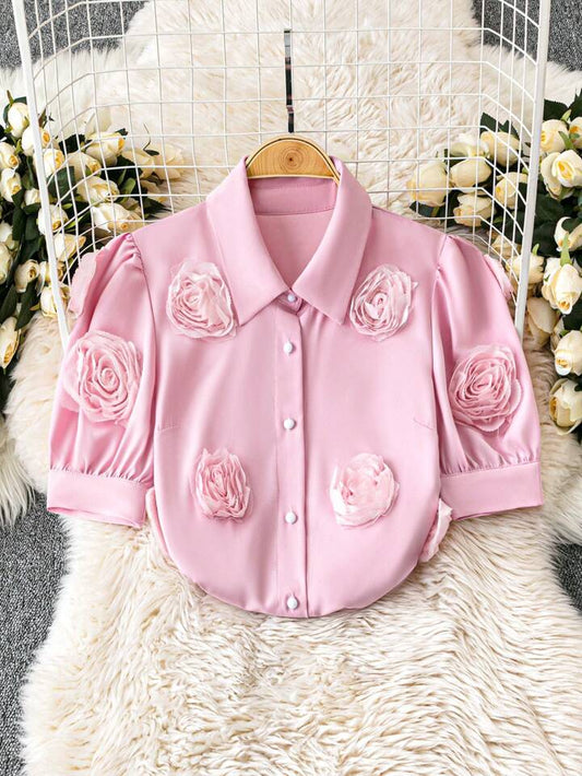 CM-TS134581 Women Casual Seoul Style Collar Neckline 3D Floral Puff Half Sleeve Blouse - Pink