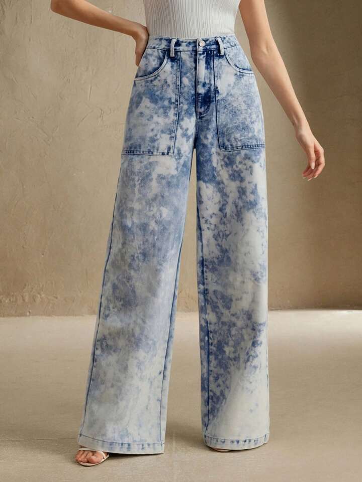 CM-BS002282 Women Elegant Seoul Style Light Wash Mid Waist Batik Tie-Dye Straight Leg Pants