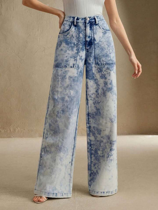 CM-BS002282 Women Elegant Seoul Style Light Wash Mid Waist Batik Tie-Dye Straight Leg Pants