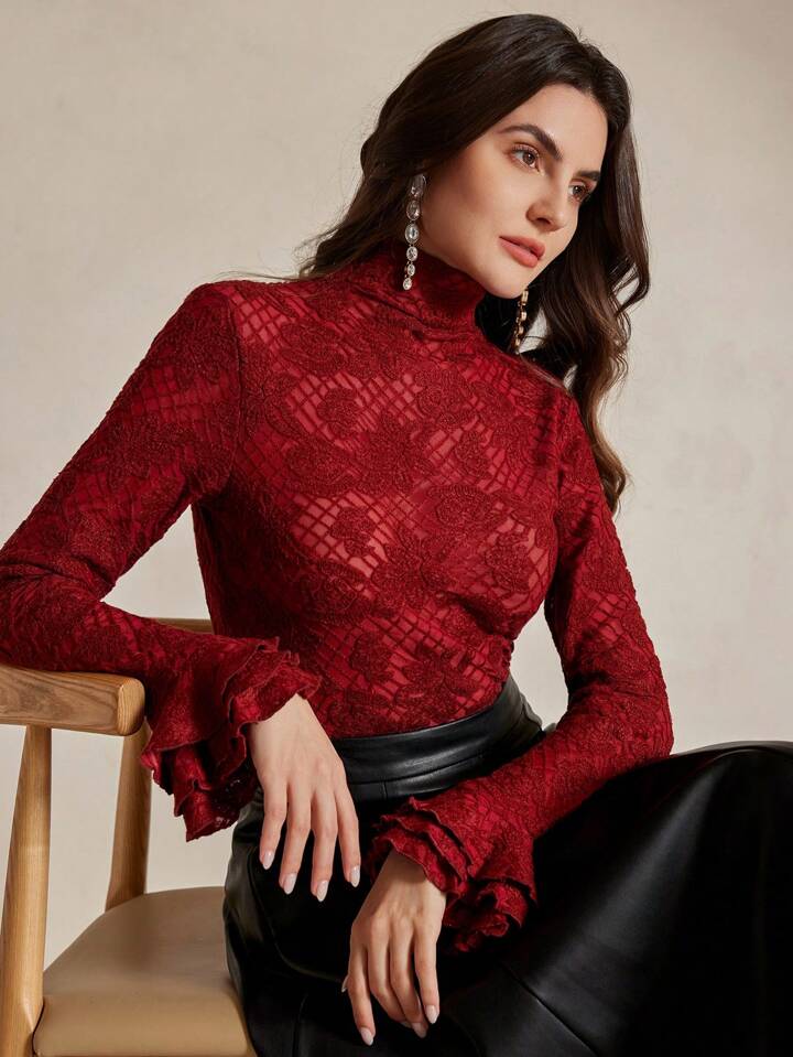 CM-TS428123 Women Elegant Seoul Style Stand Collar Long Sleeve Ruffle Cuff Fitted Crochet Blouse - Red