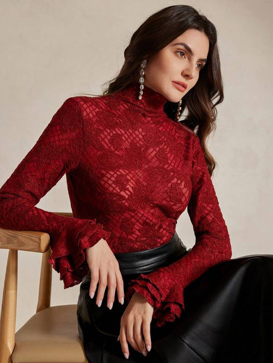 CM-TS428123 Women Elegant Seoul Style Stand Collar Long Sleeve Ruffle Cuff Fitted Crochet Blouse - Red